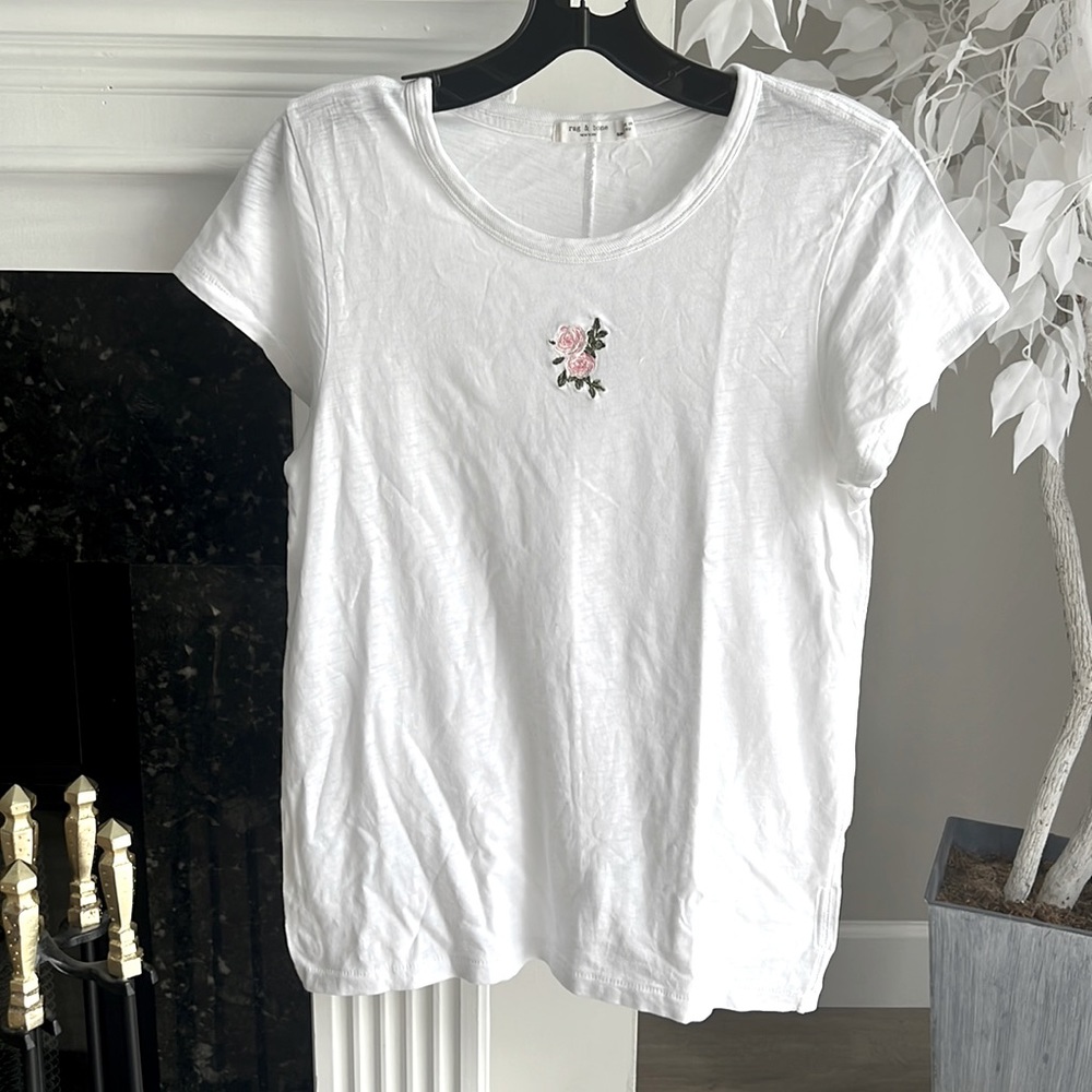 Rag & Bone Embroidered Rose tee Small White Pink